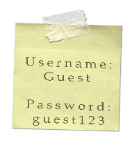 an old sticky note reading: Username: Guest Password: guest123